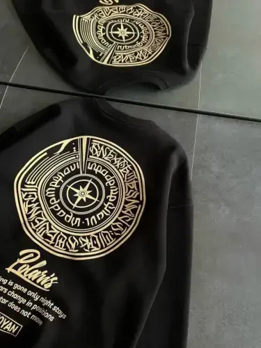 Qishki Velosiped Yoqali Old va Orqa Bosmali Sweatshirt - Qora - 4