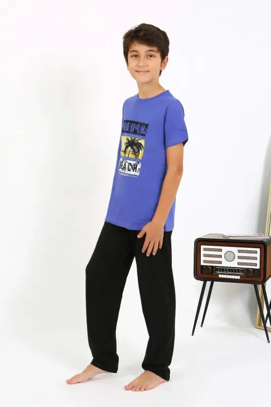 Qisqa qo'lli penje pijama komplekti o'g'il bolalar uchun 20758 Saks - 3