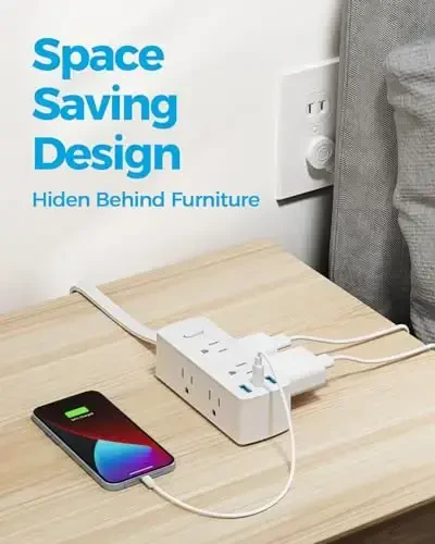 Qisqa uzaytirgich kabeli 3 fut - Olcorife tekis vilka quvvat uzatgichi 6 rozetka 3 USB porti (1 USB C), Sayohat yotoqxonasi uchun kichik rozetka kengaytirgichi, oq - 5