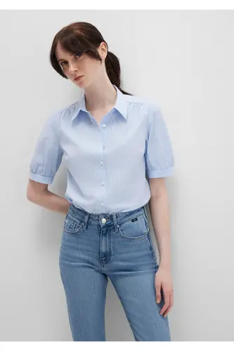 Qisqa yengli chiziqli ko'ylak Fitted / Gavdaga mos kesim 1210060-90700-Moviy 