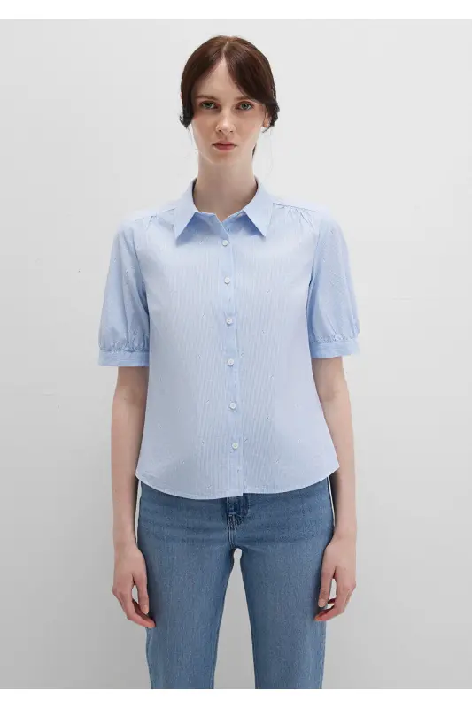 Qisqa yengli chiziqli ko'ylak Fitted / Gavdaga mos kesim 1210060-90700-Moviy - 3