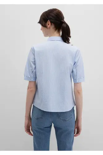 Qisqa yengli chiziqli ko'ylak Fitted / Gavdaga mos kesim 1210060-90700-Moviy - 4
