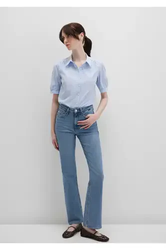 Qisqa yengli chiziqli ko'ylak Fitted / Gavdaga mos kesim 1210060-90700-Moviy - MAVI (1)