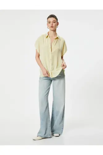 Qisqa yengli ko'ylak Relax Fit Klassik Yoqali Tugmali-Yashil - 1