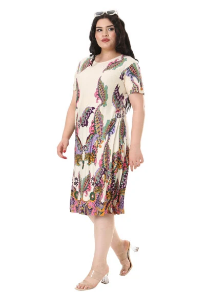 Qisqa yengli, krem rangli shal naqshli midi ko'ylak ayollar uchun. - MELSAY (1)