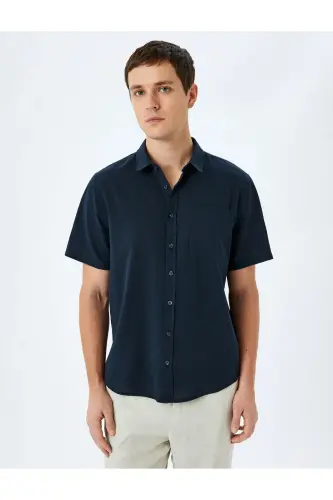 Qisqa yengli paxtali cho'ntakli Slim Fit ko'ylak - ko'k - 3