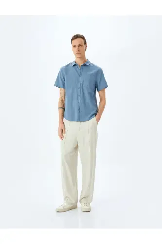 Qisqa yengli paxtali cho'ntakli slim fit ko'ylak-Ochiq - KOTON (1)