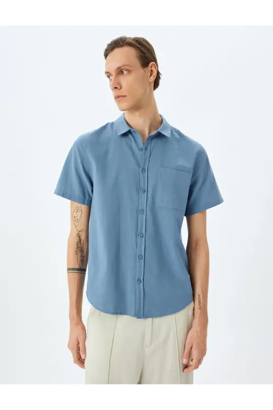 Qisqa yengli paxtali cho'ntakli slim fit ko'ylak-Ochiq - 3