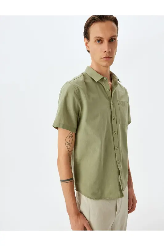 Qisqa yengli paxtali cho'ntakli Slim Fit ko'ylak - Yashil - 1