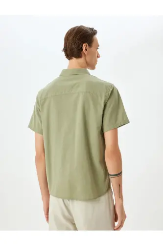 Qisqa yengli paxtali cho'ntakli Slim Fit ko'ylak - Yashil - 4