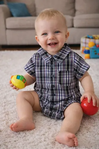 Qisqa yengli Poplin mato bolgan erkak chaqaloqlar uchun ekose ko'ylak badi 3503s - 1