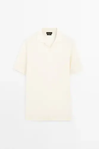 Qisqa yengli teksturali trikotaj polo yoqali futbolka - Krem - 1