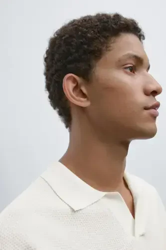 Qisqa yengli teksturali trikotaj polo yoqali futbolka - Krem - 5