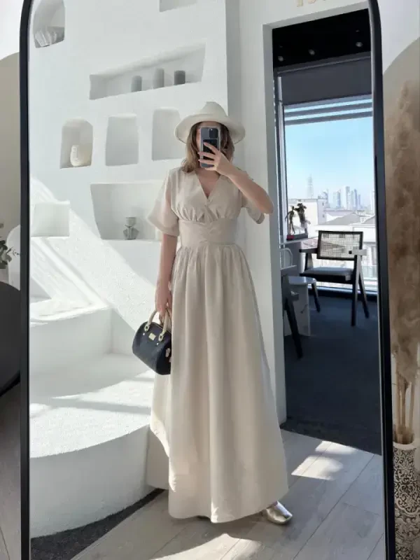 Qisqa yengli uzun ko'ylak - och oq - 4