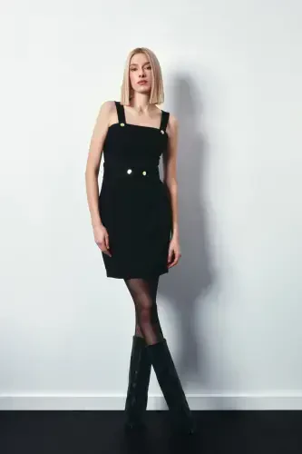 Qisqa yubka tugmachalar bilan - QORA - SATEEN (1)