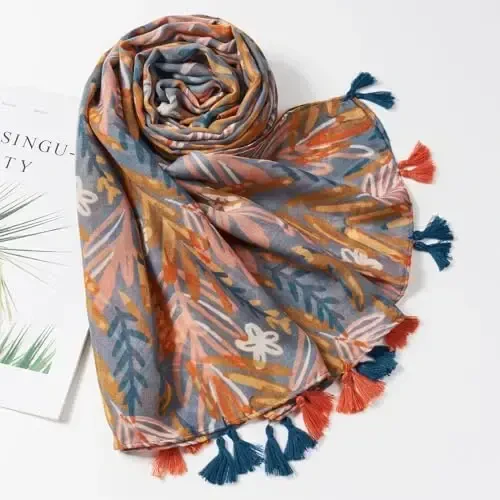 QIUTIMIY Scarf for Women Lightweight Soft Floral Leopard Printed Scarves Fall Winter Fashion Shawl Wrap with Fringe - 4