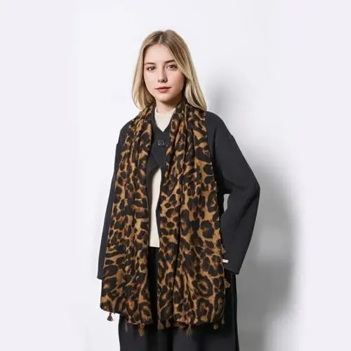 QIUTIMIY Scarf for Women Lightweight Soft Floral Leopard Printed Scarves Fall Winter Fashion Shawl Wrap with Fringe - 5