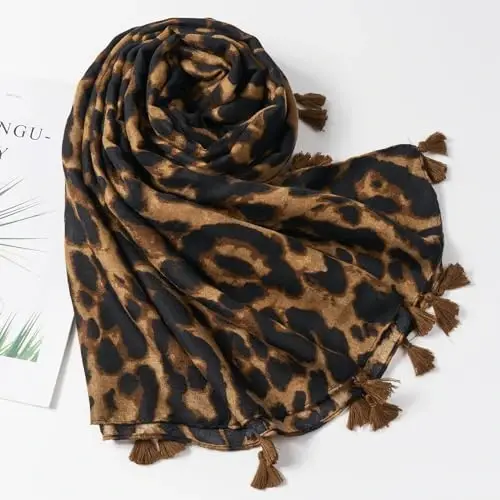 QIUTIMIY Scarf for Women Lightweight Soft Floral Leopard Printed Scarves Fall Winter Fashion Shawl Wrap with Fringe - 4
