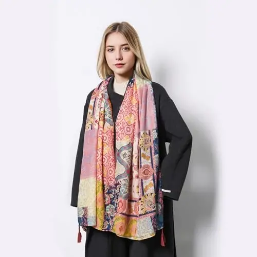 QIUTIMIY Scarf for Women Lightweight Soft Floral Leopard Printed Scarves Fall Winter Fashion Shawl Wrap with Fringe - 7
