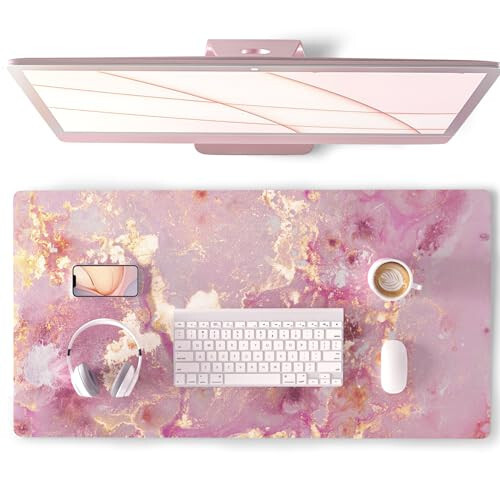 QIYI Large Mouse Pad, Cute Pink Desk Mat for Desktop, Women Girls PU Leather Waterproof Gaming, Rose Gold Marble Computer PC Laptop Protector Writing Pads for School Office Home 31.5