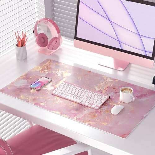 QIYI Large Mouse Pad, Cute Pink Desk Mat for Desktop, Women Girls PU Leather Waterproof Gaming, Rose Gold Marble Computer PC Laptop Protector Writing Pads for School Office Home 31.5