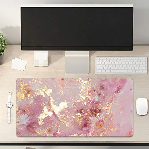 QIYI Large Mouse Pad, Cute Pink Desk Mat for Desktop, Women Girls PU Leather Waterproof Gaming, Rose Gold Marble Computer PC Laptop Protector Writing Pads for School Office Home 31.5