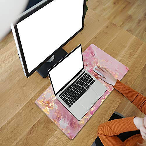 QIYI Large Mouse Pad, Cute Pink Desk Mat for Desktop, Women Girls PU Leather Waterproof Gaming, Rose Gold Marble Computer PC Laptop Protector Writing Pads for School Office Home 31.5