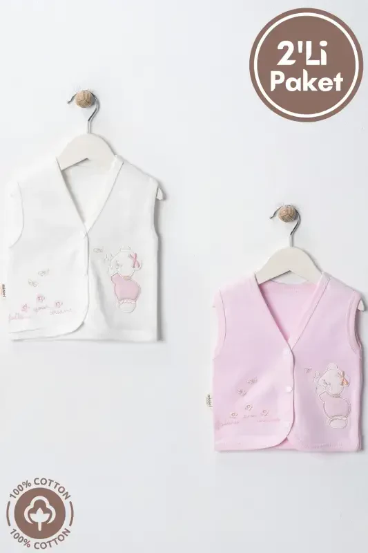 Qiz Bebek Ayıq Nakışlı Organik Paxtalı 3-6-9 Ay 2li Penye Bebek Yelek - Pembe-PEMBE - Modazone