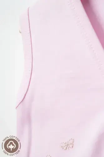 Qiz Bebek Ayıq Nakışlı Organik Paxtalı 3-6-9 Ay 2li Penye Bebek Yelek - Pembe-PEMBE - 4