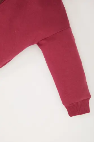 Qiz Bebek Kapüşonlu Basic Düz İçi Yumşak Tüylü Fermuarlı Sweatshirt D0750A524AU-Bordo - 3