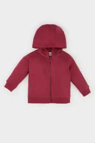 Qiz Bebek Kapüşonlu Basic Düz İçi Yumşak Tüylü Fermuarlı Sweatshirt D0750A524AU-Bordo - 1