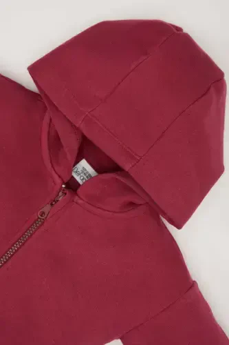 Qiz Bebek Kapüşonlu Basic Düz İçi Yumşak Tüylü Fermuarlı Sweatshirt D0750A524AU-Bordo - 2