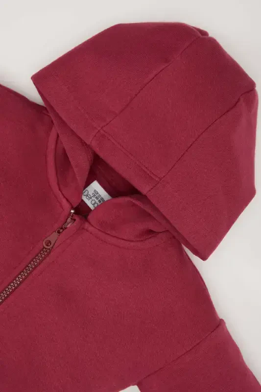 Qiz Bebek Kapüşonlu Basic Düz İçi Yumşak Tüylü Fermuarlı Sweatshirt D0750A524AU-Bordo - 2