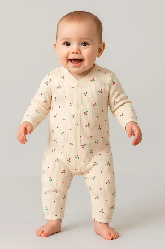 Qiz Bebek Kirazli Baskılı Çıtçıtlı Yenidoğan Bebek Tulumu %100 Pamuk Esnek 1-3-6 Aylık-EKRU KİRAZLI - DINAMIK ÇOCUK