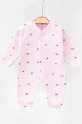 Qiz Bebek Lale bosma fıtıllı mato çıtçıtlı yangi tug'ilgan bebek kombinezon %100 paxta elastik 1-3-6 oylik-CHANG PEMBE LALE - 4