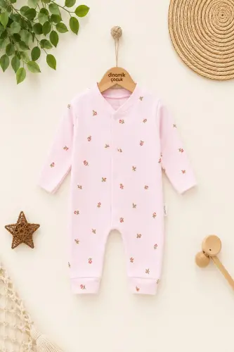 Qiz Bebek Lale bosma fıtıllı mato çıtçıtlı yangi tug'ilgan bebek kombinezon %100 paxta elastik 1-3-6 oylik-CHANG PEMBE LALE 