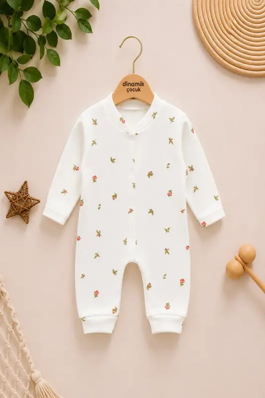 Qiz Bebek Lale Bosmali Chıtçıtlı Yenidoğan Bebek Tulumi %100 Paxta Egiluvchan 1-3-6 Oylik-OQ LALE - 1