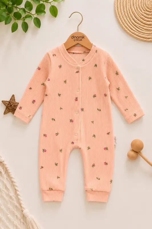 Qiz Bebek Lale Bosmali Chitirchli Yangi Tug'ilgan Bebek Tulumi %100 Paxta Moslashuvchan 1-3-6 Oylik-SOMON LALE - 1