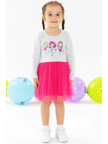 Qiz Bebek Uzun Kollu Ko'ylak Baskılı Ochiq Kulrang Melanj (1.5 Yosh)-Kulrang - 1