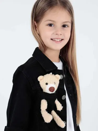 Qiz bola ayiqchali paxtalik jinsi kurtka kundalik moda Ak22176023-Qora - 3