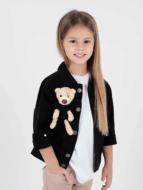 Qiz bola ayiqchali paxtalik jinsi kurtka kundalik moda Ak22176023-Qora - 4