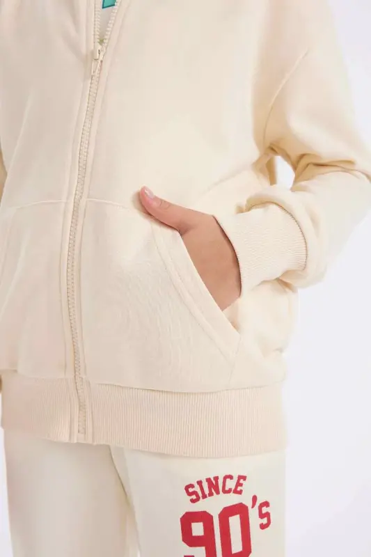 Qiz bola Basic tekis kapüşonli fermuarli cho'ntakli maktab kardigani C8110A824AU-Ekru - 3