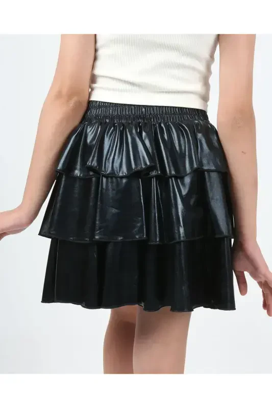 Qiz bola beli lastikli metall porloq jilvali 3 qavatli burmali yubka - Qora - 4