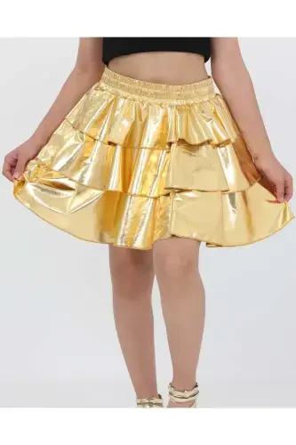 Qiz bola beli lastikli metall porloq yaltiroq 3 qavatli volanli yubka - Oltin - ERDEM KIDS (1)