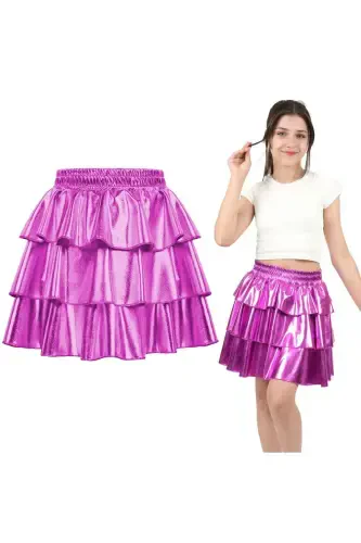 Qiz bola beli lastikli metall porloq yorqin 3 qavatli burmali yubka-Fuchsia - 1