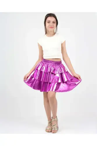 Qiz bola beli lastikli metall porloq yorqin 3 qavatli burmali yubka-Fuchsia - ERDEM KIDS (1)