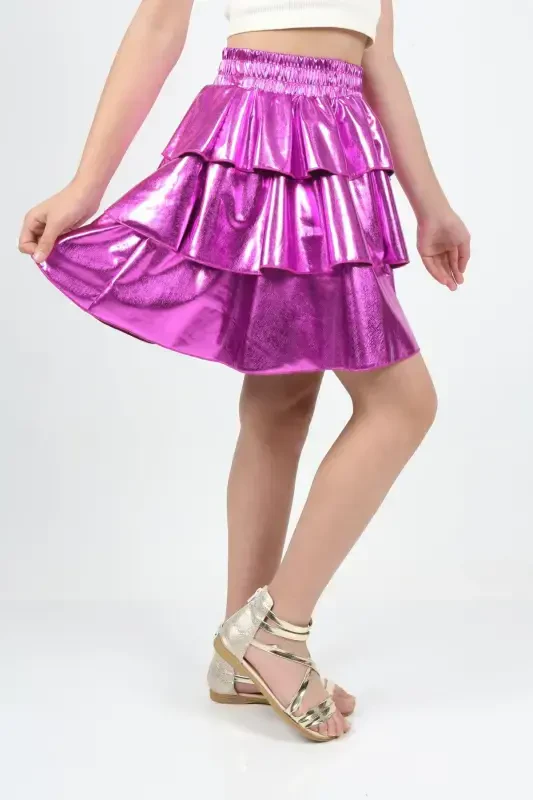 Qiz bola beli lastikli metall porloq yorqin 3 qavatli burmali yubka-Fuchsia - 3