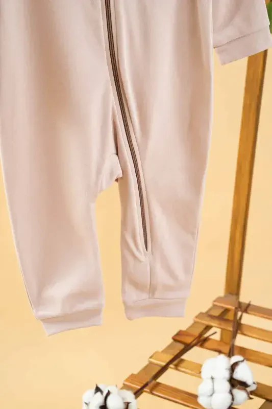 Qiz Bola Chaqaloq Pushti Tekis Mavsumiy Paxtali Kombinezon Cho'ntakli Fermuarli-Pushti - 2