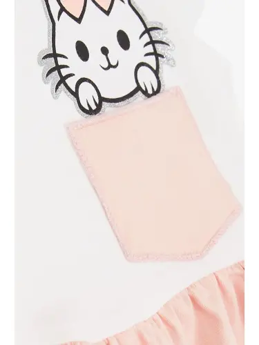 Qiz bola ko'ylagi cho'ntakli jilosiz mushukcha bosmali ekru (1,5-4 yosh)-Ekru - 7