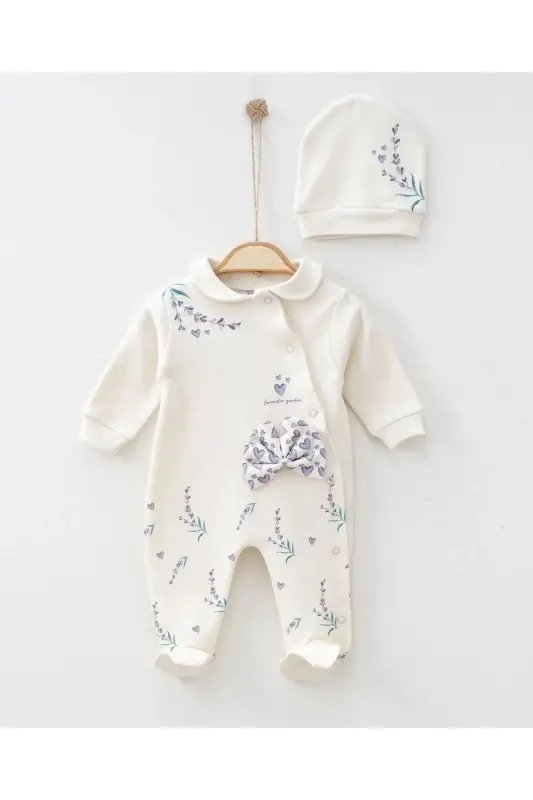 Qiz bola Lavanda bog'i %100 paxta shapkali kombinezon to'plami-ekru - LIMEBABIES